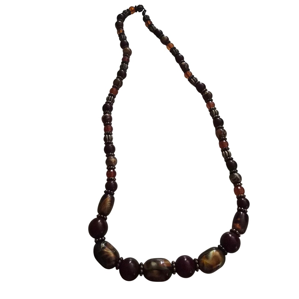 Chunky Beaded Statement Necklace Amber Burgundy Bronze‎ Boho 24 Inch Long